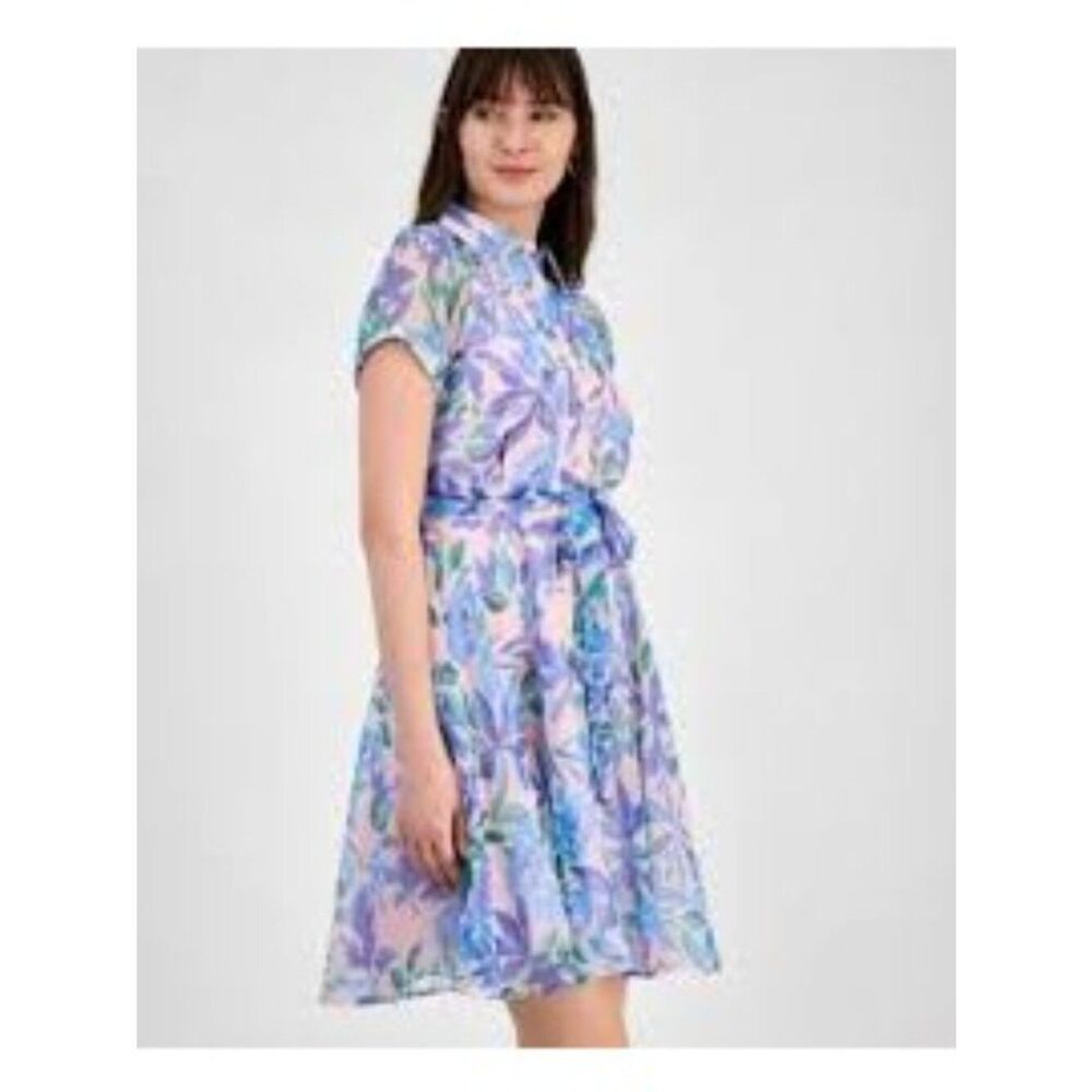 Tahari ASL Women’s Shadow-Stripe Floral Print Belted Dress Size 4 - Picture 6 of 13